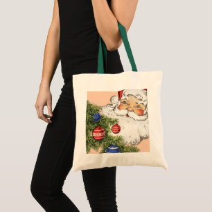 Tote Bag Vintage Noël Père Noël avec Arbre