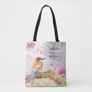 Tote Bag Vintage oiseau sur les fleurs roses de l'arbre déc