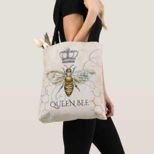 Tote Bag Vintage Queen Bee Royal Crown Honeycomb Beige