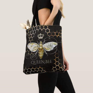 Tote Bag Vintage Queen Bee Royal Crown Honeycomb Noir