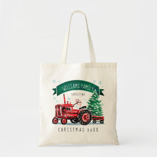 Tote Bag Vintage Red Tracteur Noël Tree Nom du monogramme