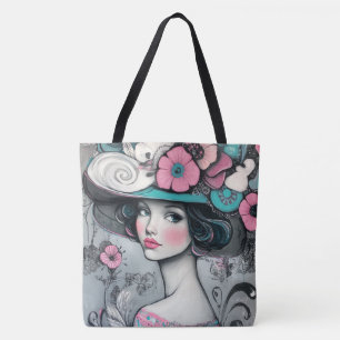 Tote Bag Vintage Rétro belle femme rose et Turquoise