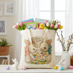 Tote Bag Vintage Retro Cute Happy Bunnies Pâques