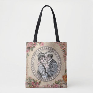 Tote Bag Vintage Romance Couple : Antique Rose Girly Love