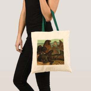 Tote Bag Vintage Sea Lions on the Beach, Marine Life Animal