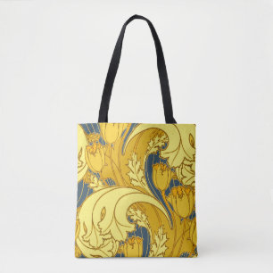 Tote Bag Vintage Tulip Blue Gold Motif