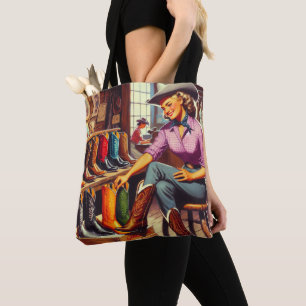Tote Bag Vintage Western Retro Cowgirl Boot Shopping 2
