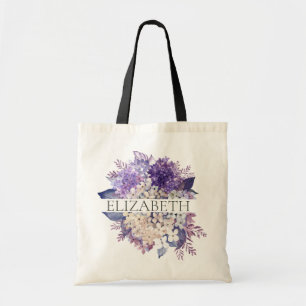 Tote Bag Violet et Blanc Floral Monogramme Nom Demoiselle d