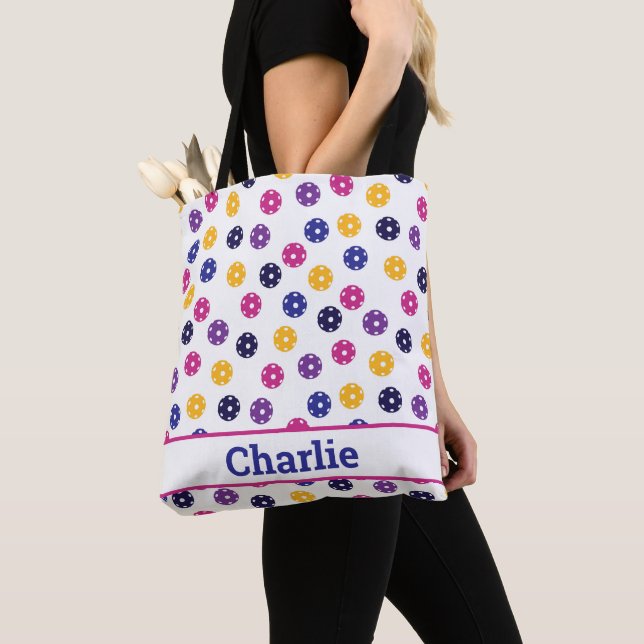 Tote Bag 💛 💜 violet jaune Pickleballs sur blanc  (De près)