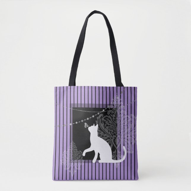 Tote Bag Violet noir, chat blanc et rayures noires (Devant)