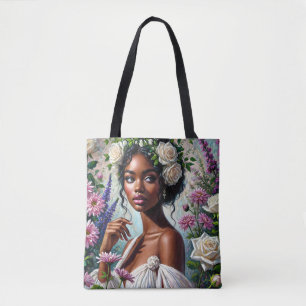 Tote Bag Virgo Black Woman avec des Roses et des chrysanthè