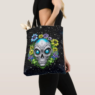 Tote Bag Visage Alien et fleurs Ai Art