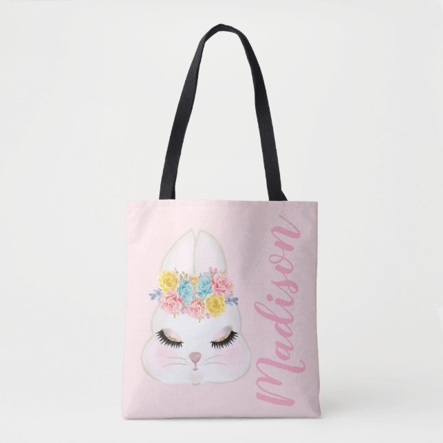 Tote Bag Visage rose personnalisé de lapin floral (Devant)