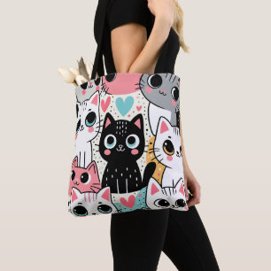 Tote Bag Visages de chat mignons Kawaii et cœurs fantaisist