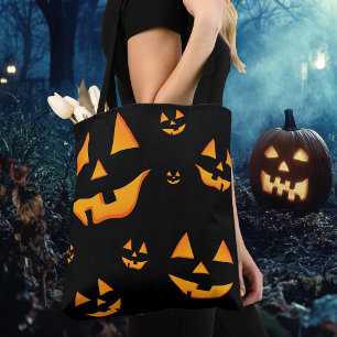 Tote Bag Visages de citrouilles lumineuses pour le design d