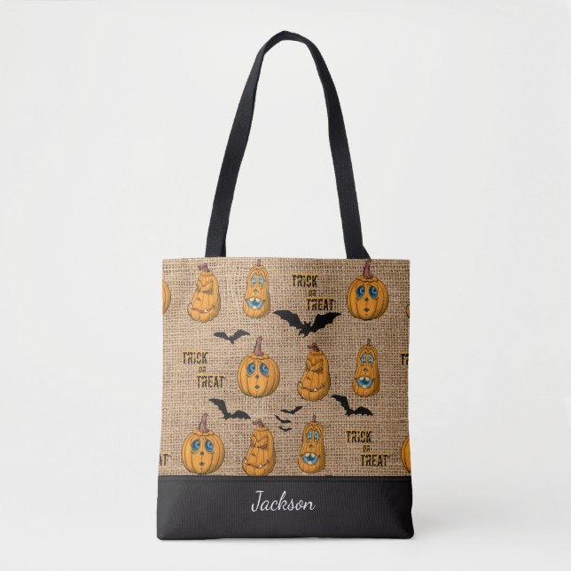Tote Bag Visages effrayants laids de citrouille et battes (Devant)