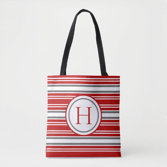 Tote Bag Vivid Rouge & Gris moderne rayé (Devant)