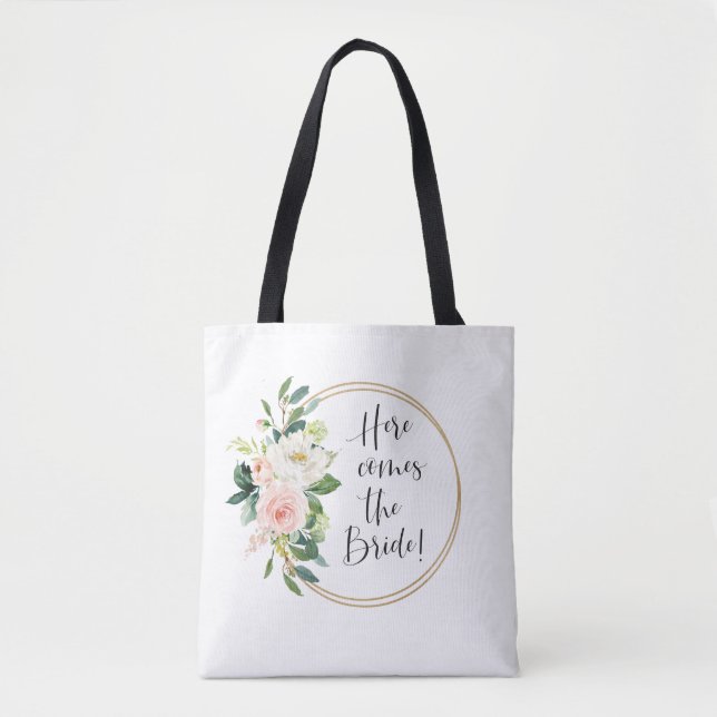 Tote Bag Voici la mariée rose florale (Devant)
