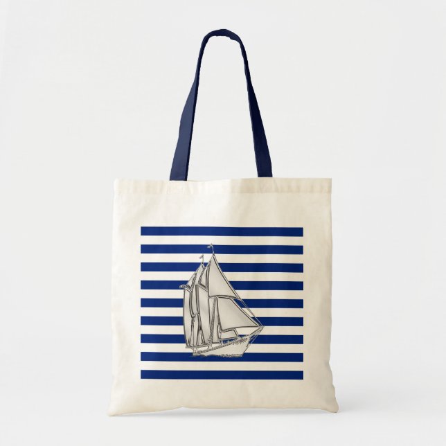 Tote Bag Voilier argenté sur les rayures bleues nautiques (Devant)