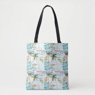 Tote Bag Voilier d'aquarelle avec le motif de palmier