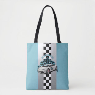 Tote Bag Voiture de course, noir & blanc à damiers bleu