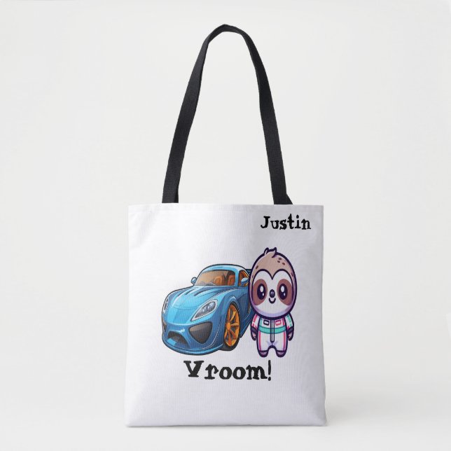 Tote Bag Voiture de course "Vroom" Sloth Kawaii personnalis (Devant)