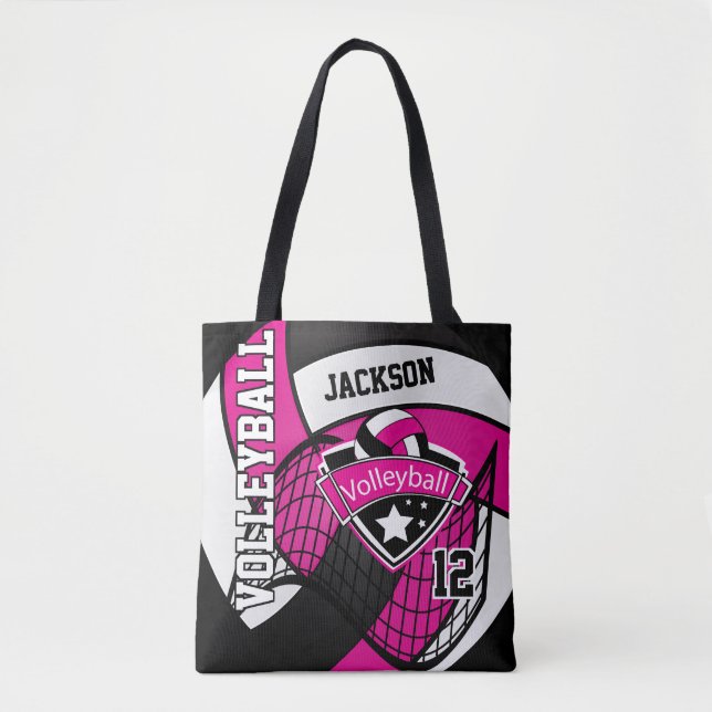 Tote Bag Volley-ball rose chaud, noir et blanc (Devant)
