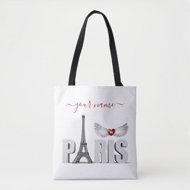 Tote Bag Votre nom à Paris Tour Eiffel Heart Angel Wings (Devant)