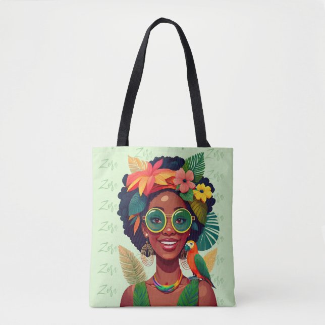 Tote Bag Votre nom, Femme noire, Fleurs tropicales & Parrot (Devant)