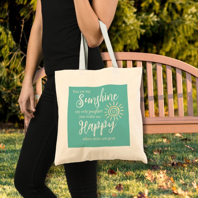Tote Bag Vous Êtes Mon Soleil Me Rendre Heureux Turquoise S (You Are My Sunshine You Make Me Happy song lyrics on a teal blue background with yellow sun tote bag)