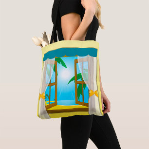 Tote Bag Vue de la plage ensoleillée à travers une fenêtre