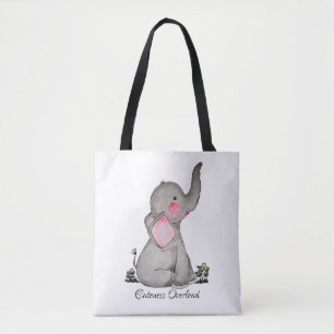 Tote Bag Watercolor Cute Baby Elephant With Blush & Flowers