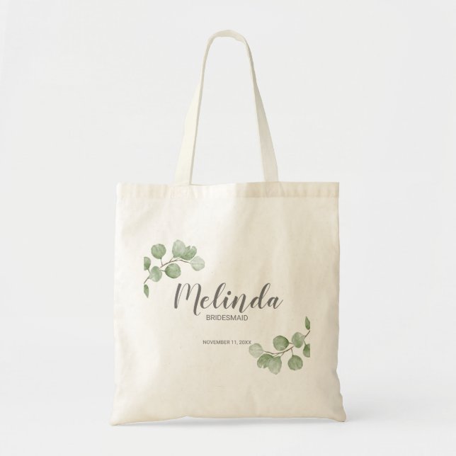 Tote Bag Watercolor Eucalyptus Personalized Bridesmaid Name (Devant)