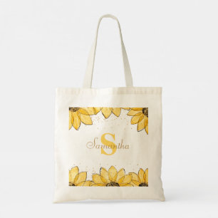 Tote Bag Watercolor Golden Sunflowers Floral Monogram Name