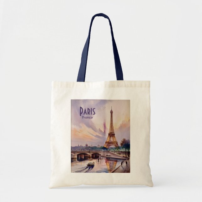 Tote Bag Watercolor Paris Eiffel Tower Skyline Retro Sunset (Devant)