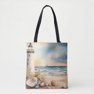 Tote Bag Watercolor Phare et plage