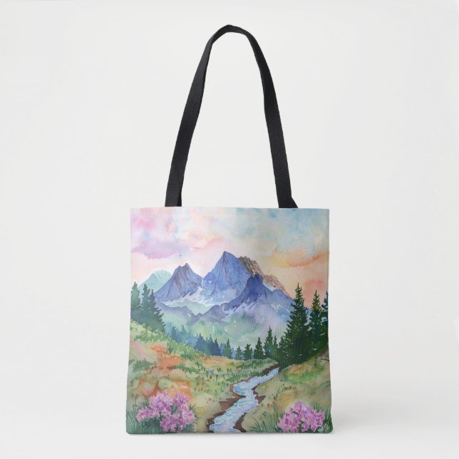 Tote Bag Watercolor Summer Mountain (Devant)