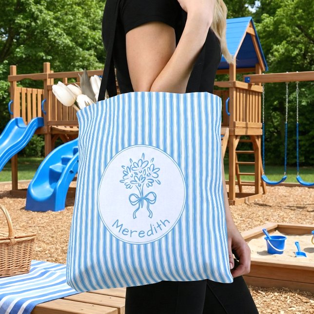 Tote Bag Whimsical Blue White Stripe Preppy Monogram (Créateur téléchargé)