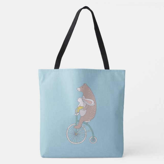 Tote Bag Whimsical Bunny and Bear Riding a Bike (Devant)