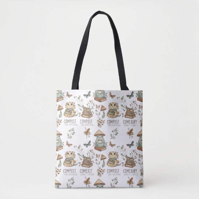 Tote Bag Whimsical "Compost Your Expectations" Frog & Cat P (Devant)