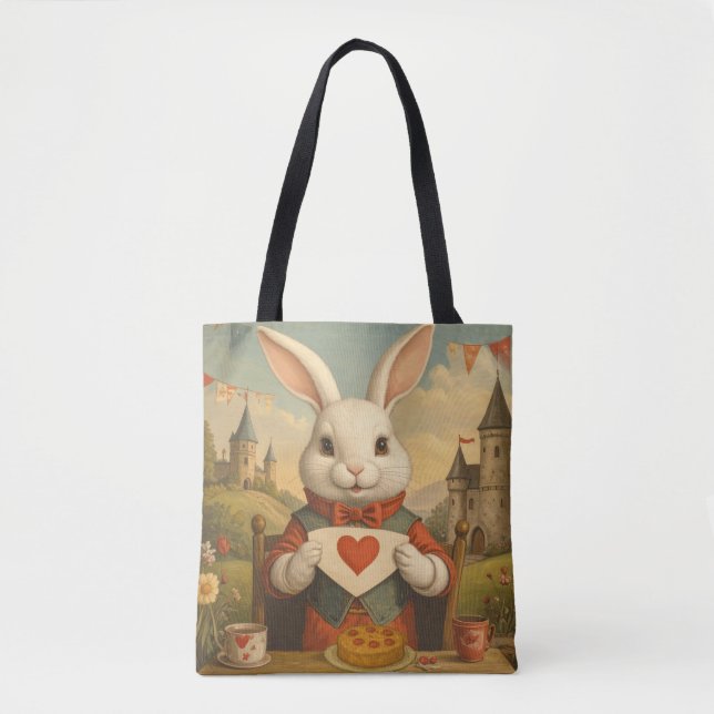 Tote Bag Whimsical White Rabbit Hearts Enchanted Wonderland (Devant)
