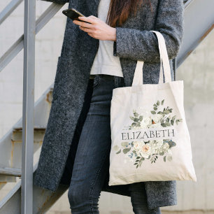 Tote Bag White Floral and Greenery Bridesmaid Monogram Name