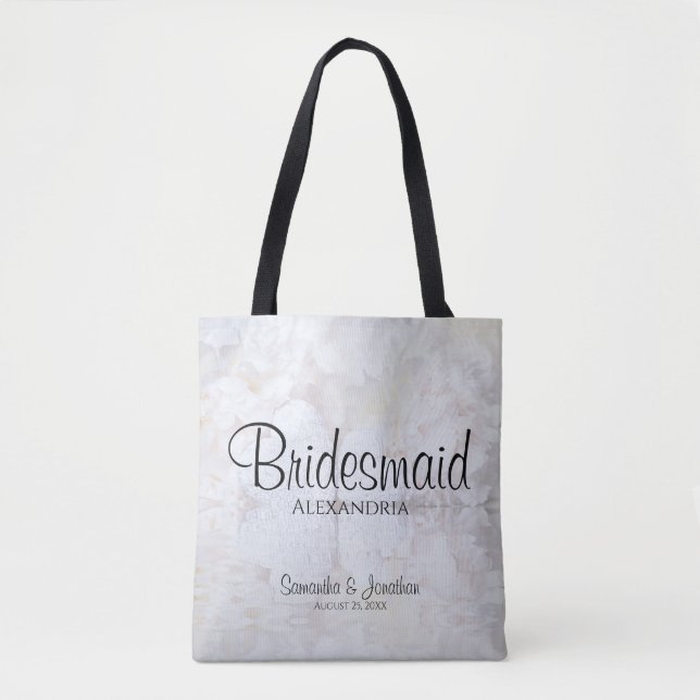 Tote Bag White Peony Flowers & Hearts Bridesmaid Mariage (Devant)