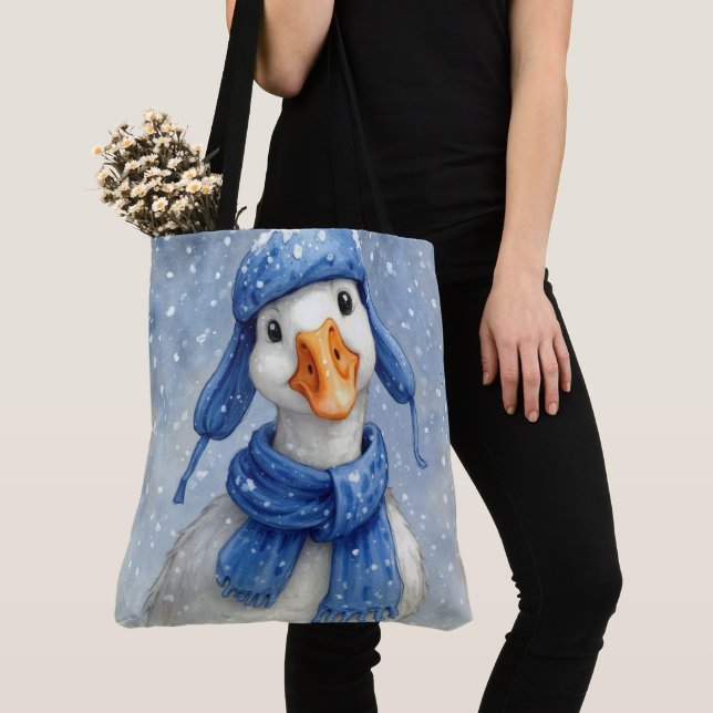 Tote Bag White Winter Goose With Blue Scarf (De près)