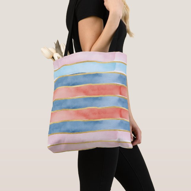 Tote Bag Wide Watercolor Stripes of  Blue Pink Coral (De près)