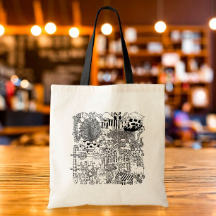 Tote Bag Wild Animals Hand Drawn Black and White Art