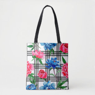Tote Bag Wildflower red and blue peonies flowers pattern in
