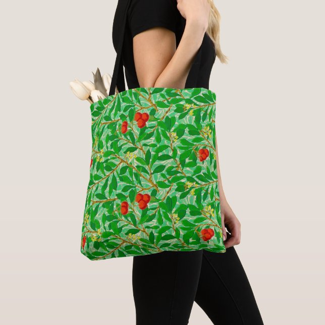 Tote Bag William Morris Lychee Motif d'arbre, vert clair (De près)