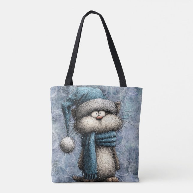 Tote Bag Winter Blue Christmas Cat With Hat And Scarf (Dos)