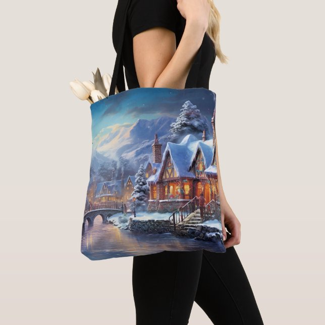 Tote Bag Winter Village Illustration (De près)
